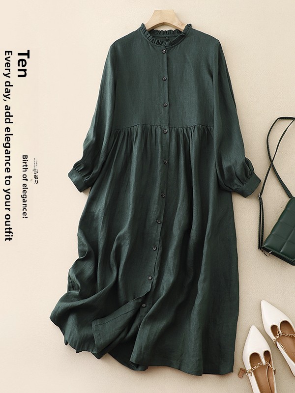 Casual Loose Linen Shirt Dress - Gaun Lengan Panjang Katun Linen Kasual,