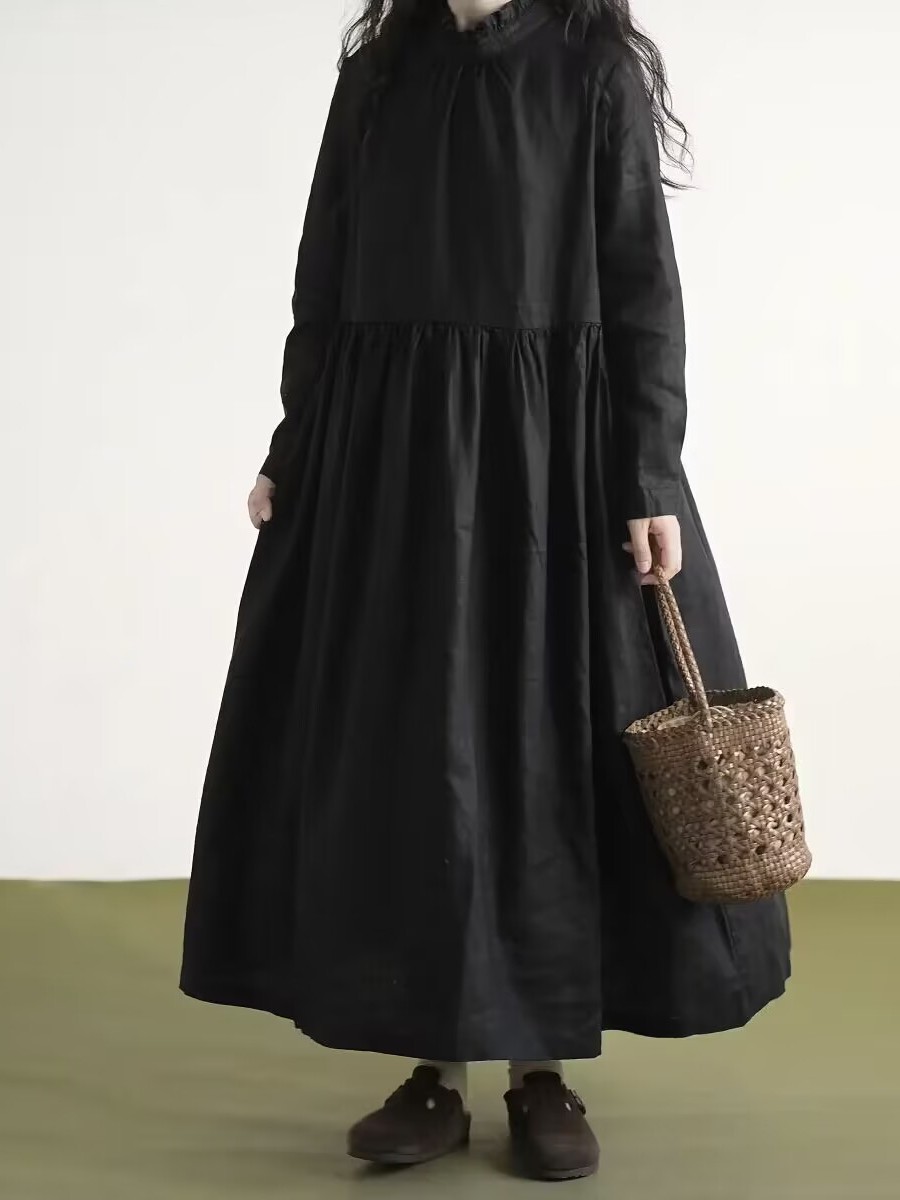 Casual Loose Linen Shirt Dress - Gaun Linen Lengan Panjang dengan Kerah