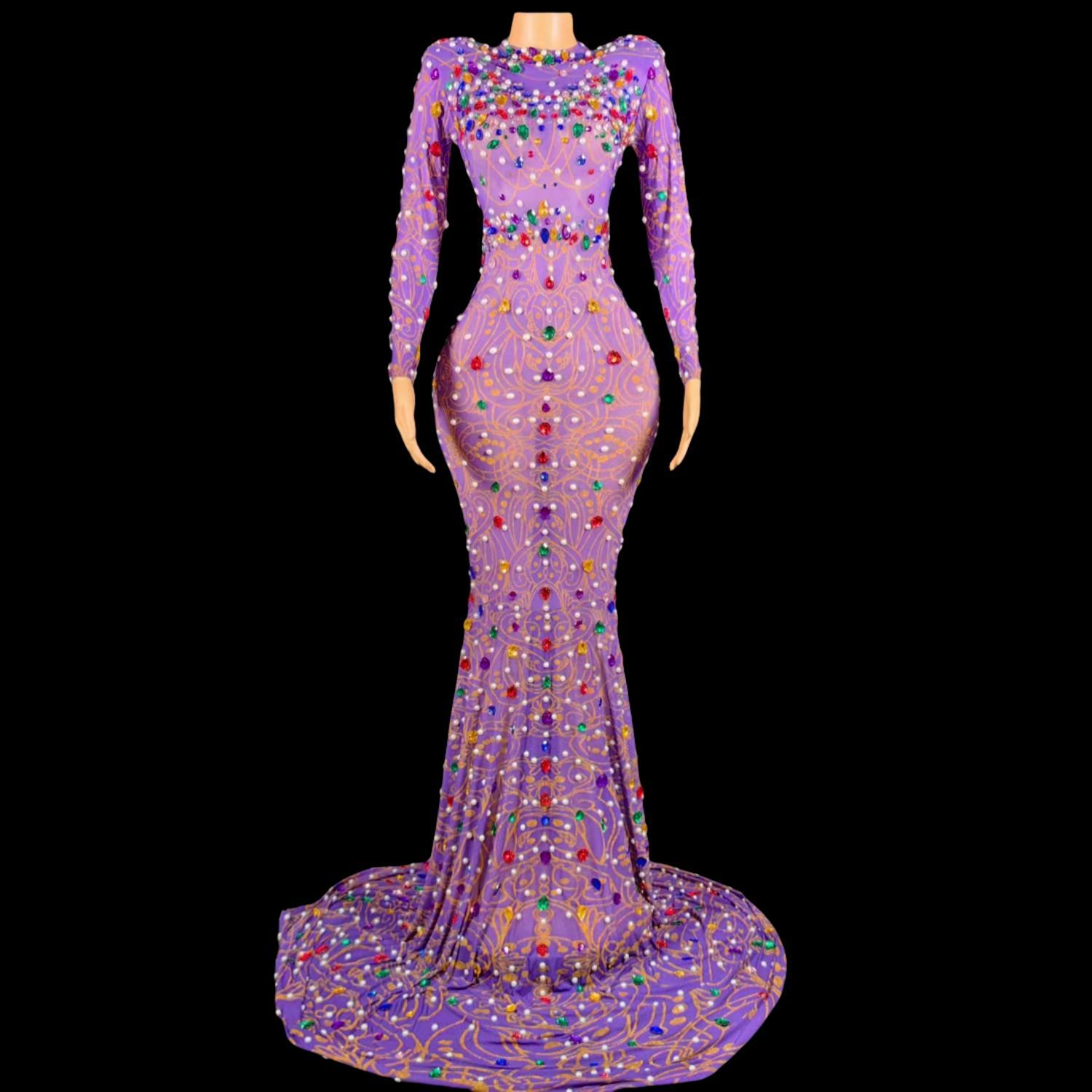 Sparkly Rhinestone Club Party Dress - Gaun Putri Duyung Ungu Berlian Imitasi