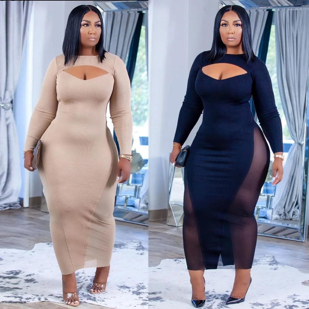 Sexy Mesh Sheer Bodycon Dress - Gaun Bodycon Lengan Panjang Seksi Wanita,
