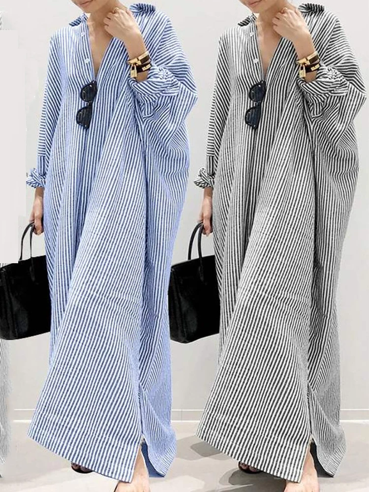 Casual Loose Linen Shirt Dress - Gaun Musim Panas Katun Linen Bergaris