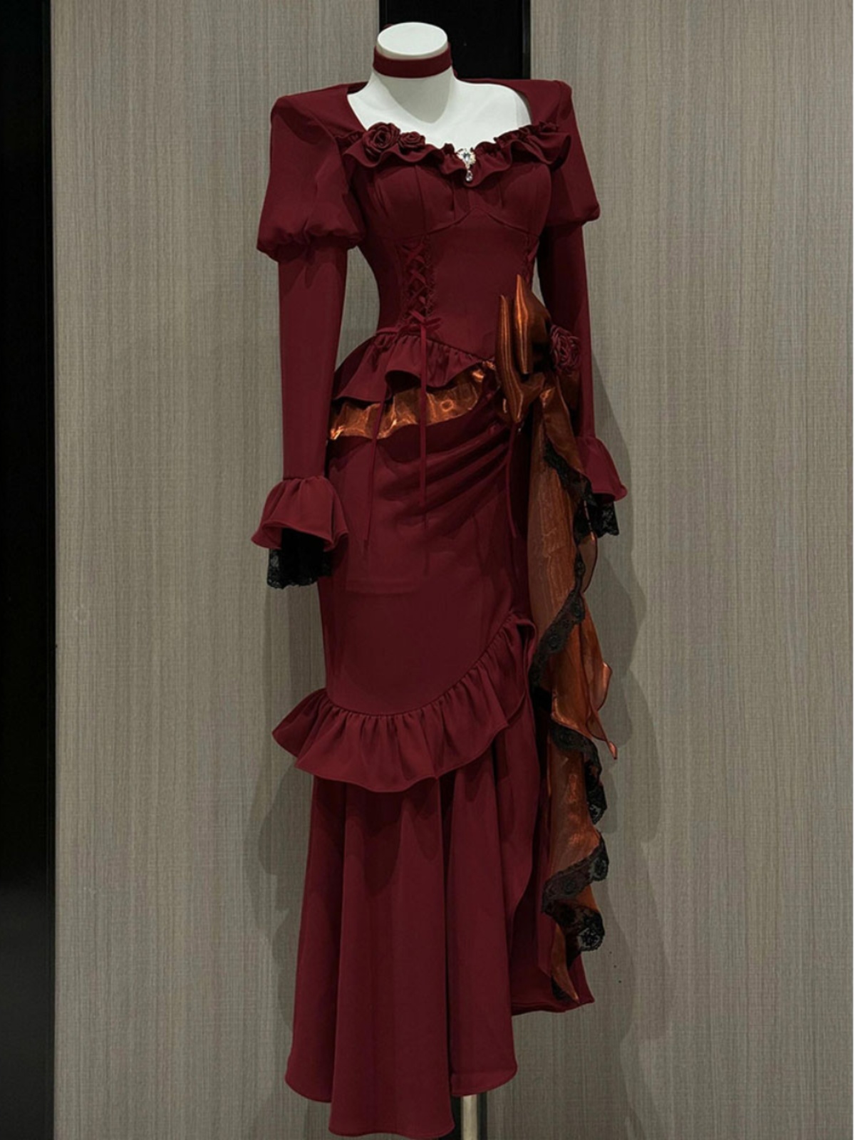 French Vintage Floral Midi Dress - Gaun Vintage Merah Musim Semi Gaun