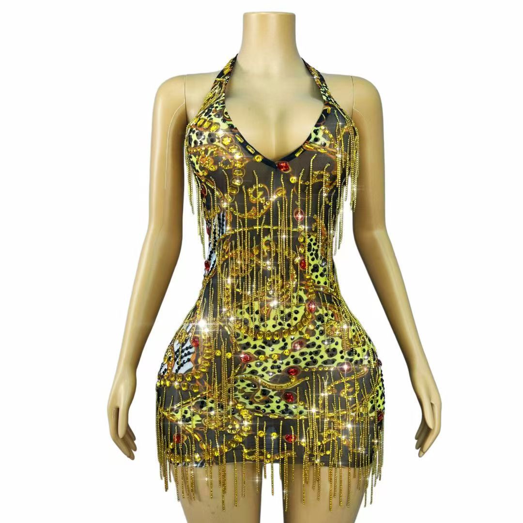 Sparkly Rhinestone Club Party Dress - Gaun Mini Bodycon Rantai Berlian Imitasi