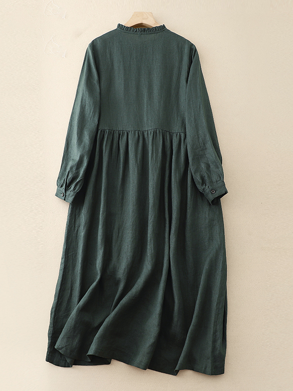 Gaun Lengan Panjang Katun Line - Casual Loose Linen Shirt Dress ulasan dan harga