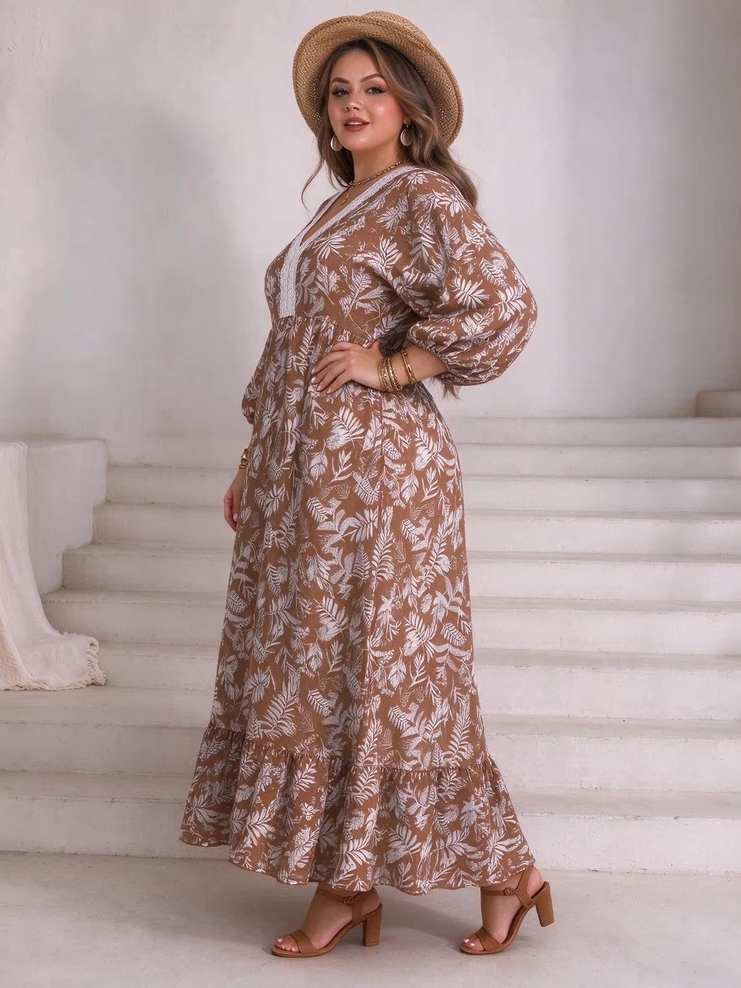 Gaun Maxi Motif Daun dan Bunga - Boho Summer Beach Maxi Dress ulasan dan harga
