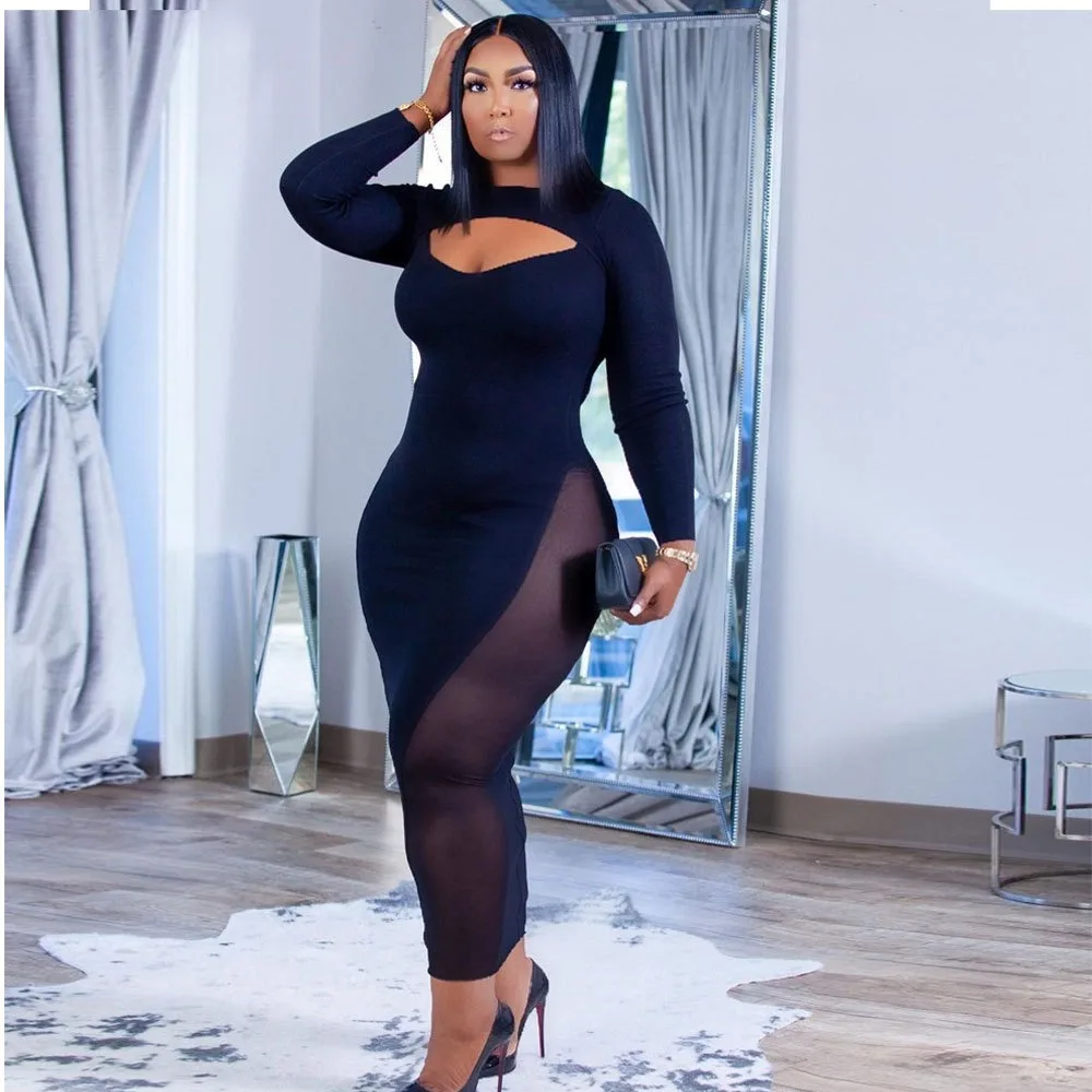 Gaun Bodycon Lengan Panjang Se - Sexy Mesh Sheer Bodycon Dress ulasan dan harga