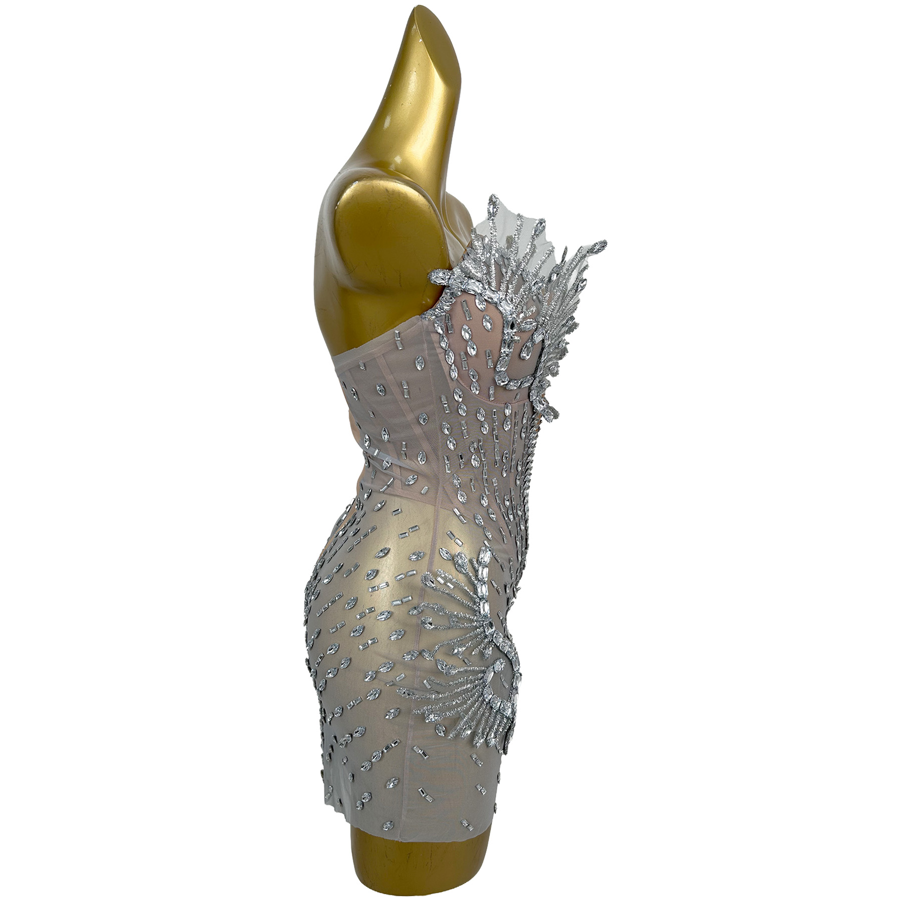 Gaun Mini Jaring Dekorasi Bulu - Sparkly Rhinestone Club Party Dress ulasan dan harga