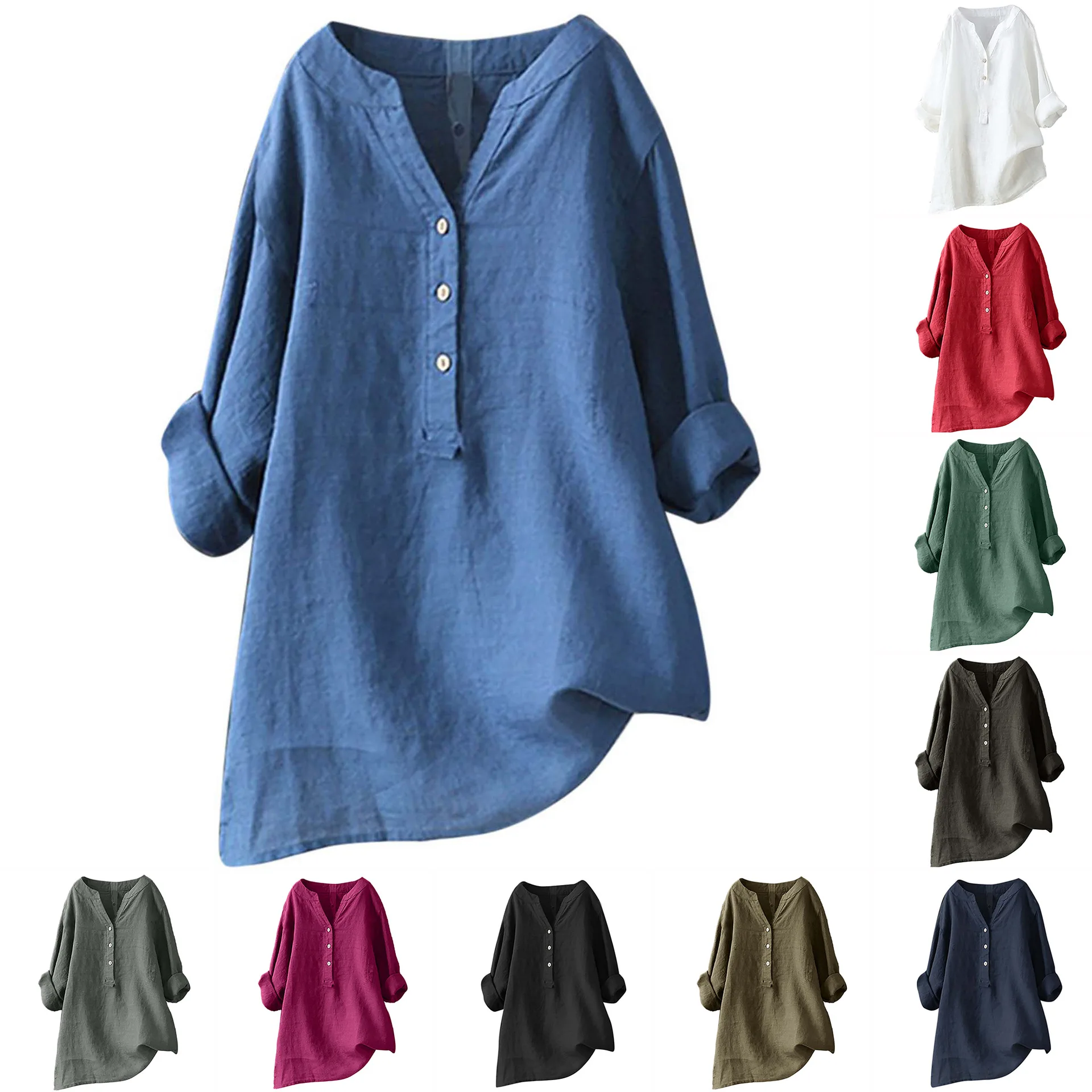 Blus Katun Linen Unisex untuk  - Casual Loose Linen Shirt Dress ulasan dan harga