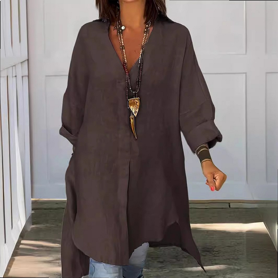 Gaun Kemeja Linen Wanita, Mode - Casual Loose Linen Shirt Dress ulasan dan harga