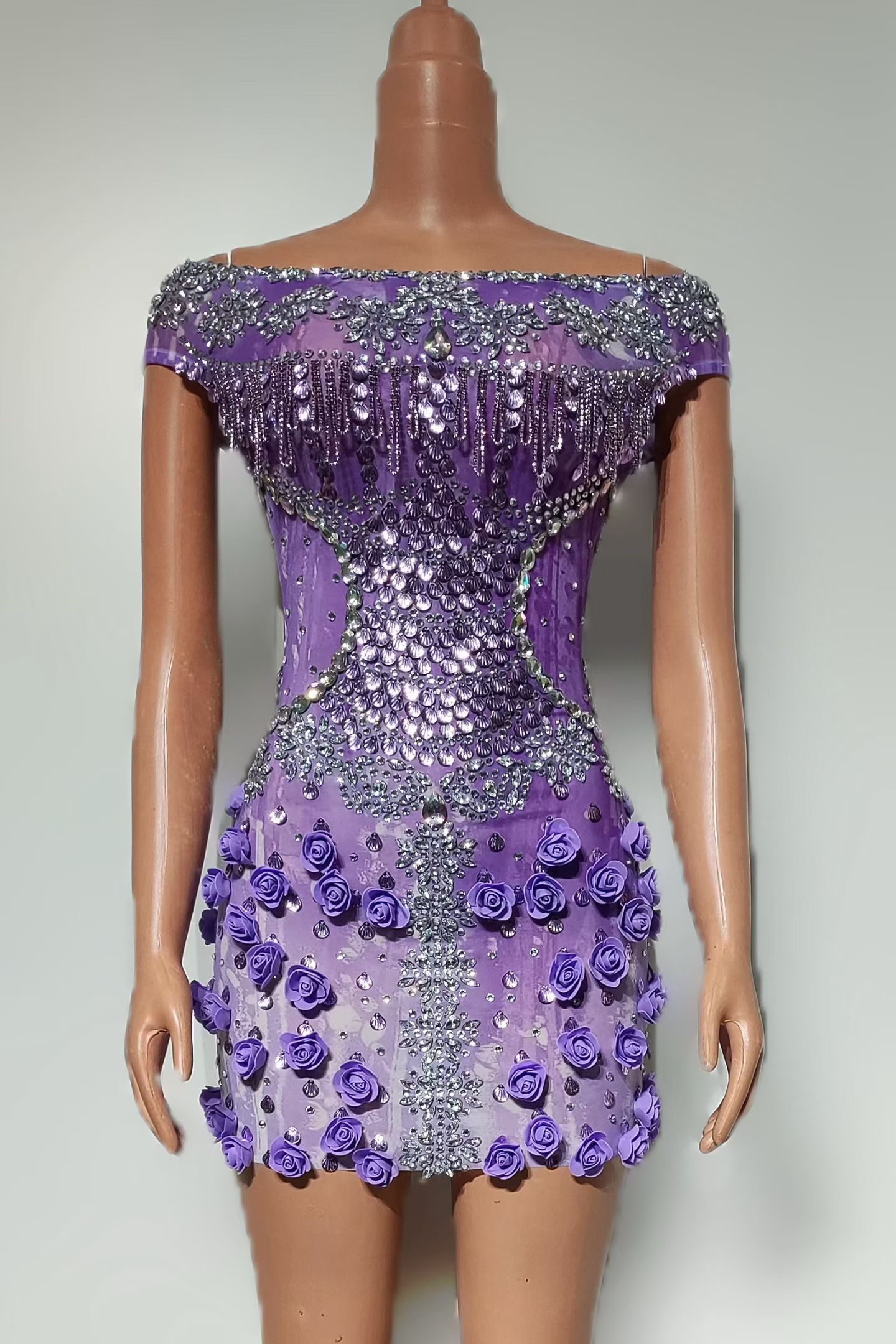 Gaun Mini Off Shoulder 3D Mawa - Sparkly Rhinestone Club Party Dress ulasan dan harga